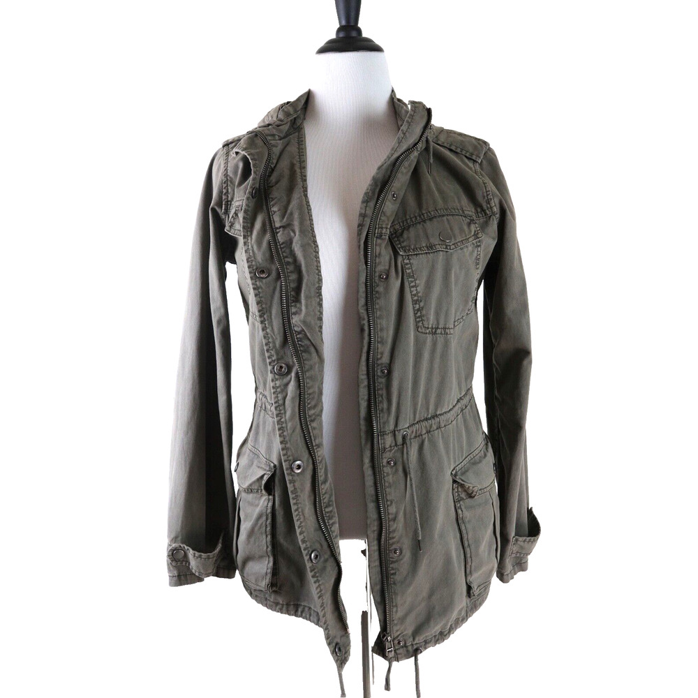 Blanc Noir Size M Hooded Cargo Jacket Full Zip Utility Army Green - Picture 5 of 11